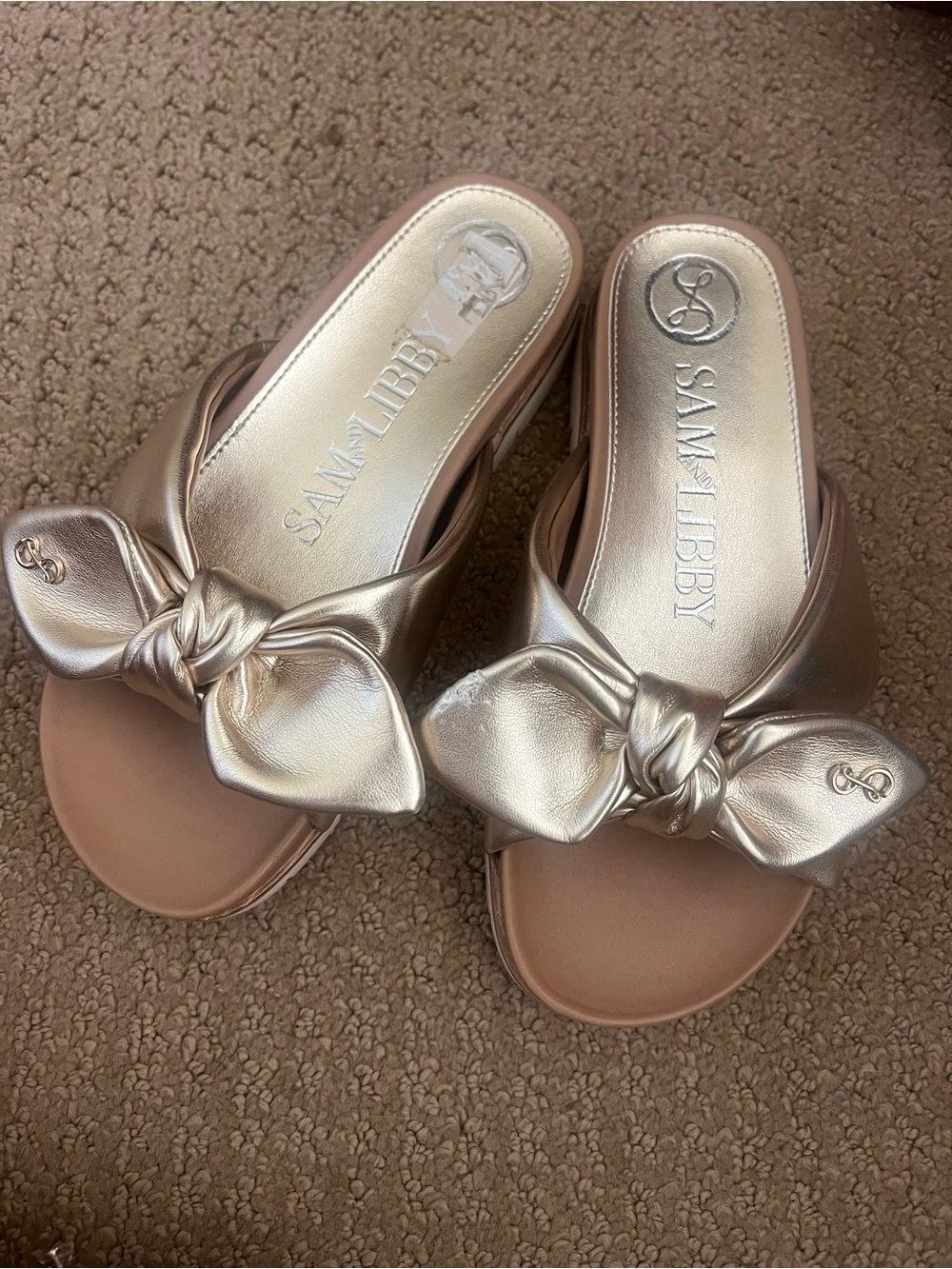 Sam & Libby Metallic Rose Gold Knot Bow Slide Sandals